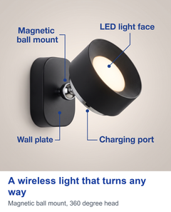 A wireless light that turns any way. Magnetic ball mount, 360 degree head