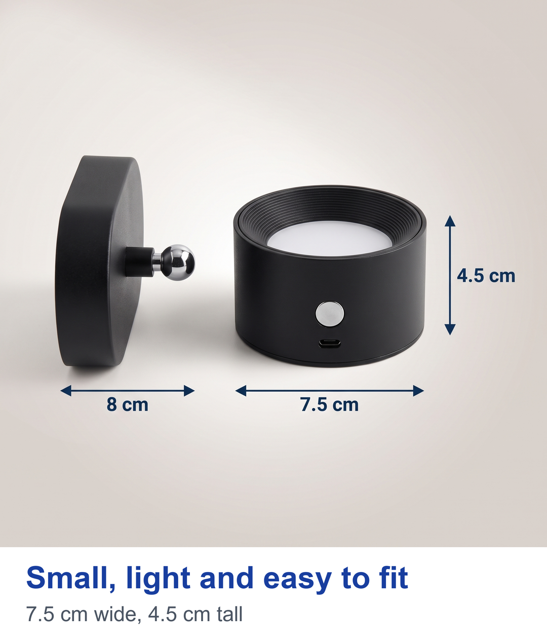 Small, light and easy to fit. 7.5 cm wide, 4.5 cm tall