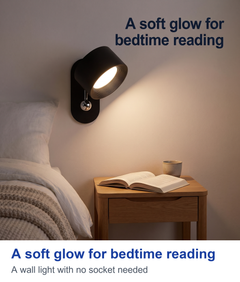 A soft glow for bedtime reading. A wall light with no socket needed