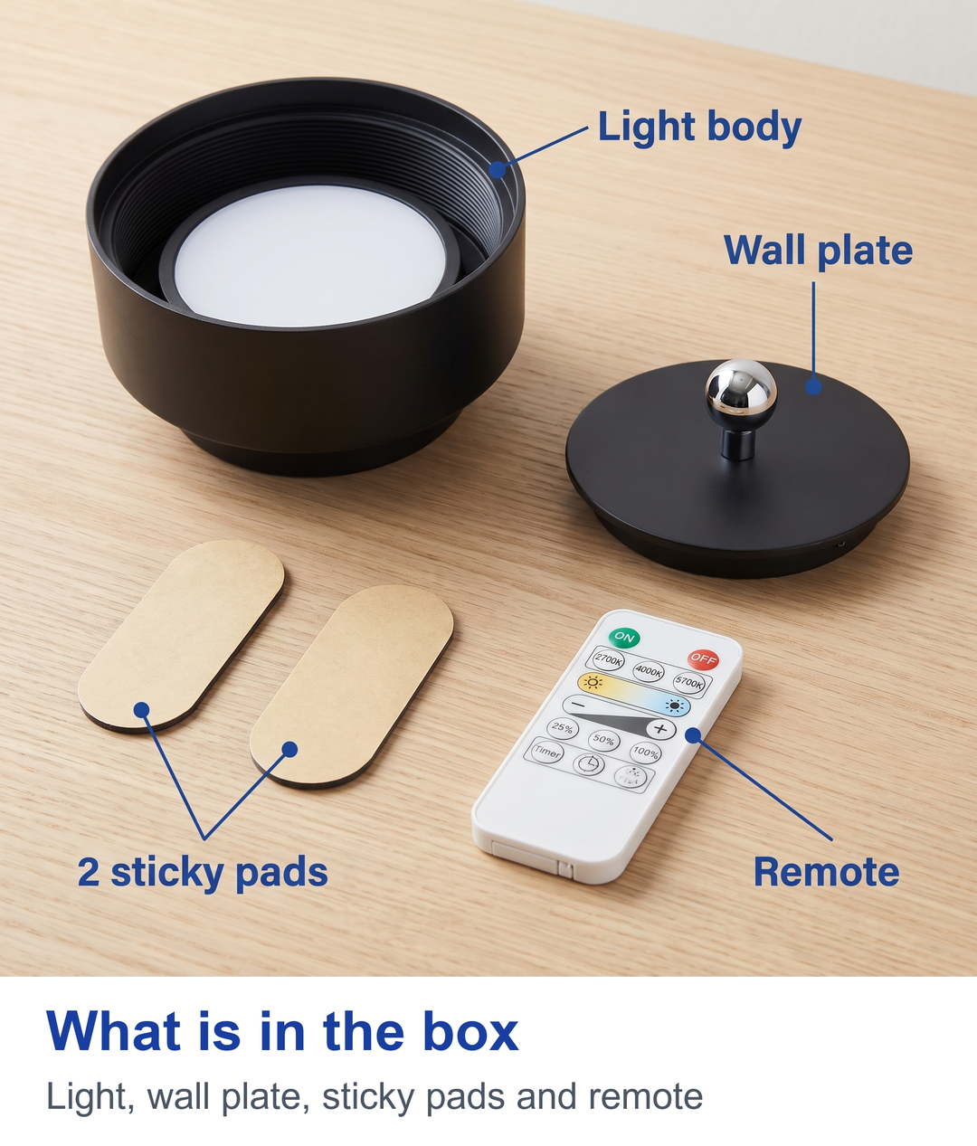 What is in the box. Light, wall plate, sticky pads and remote
