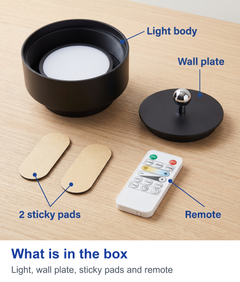 What is in the box. Light, wall plate, sticky pads and remote