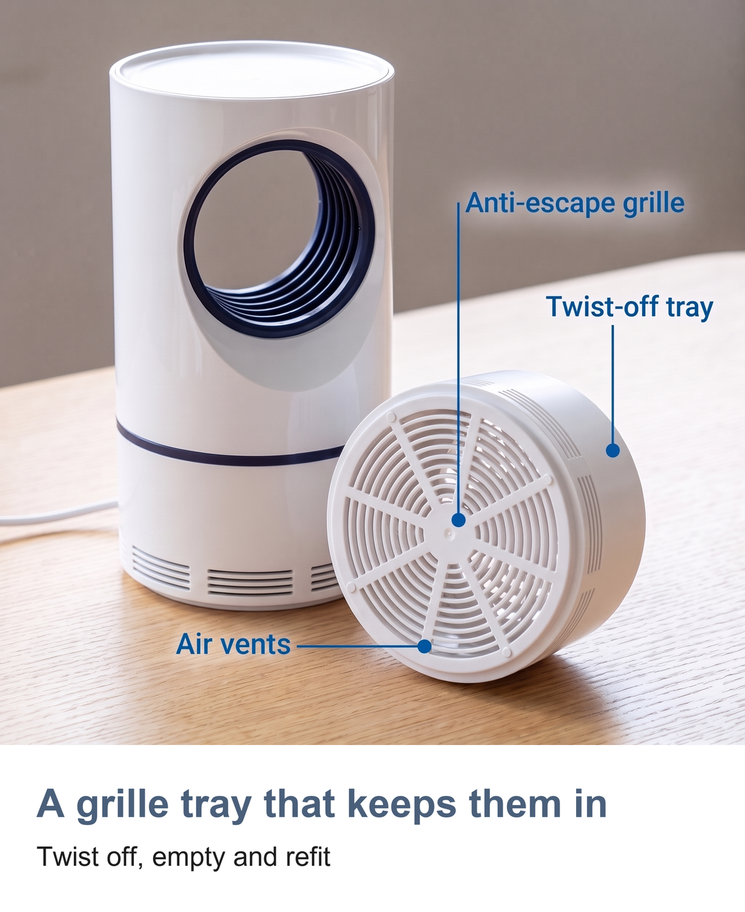 Mosquito and fly trap: A grille tray that keeps them in