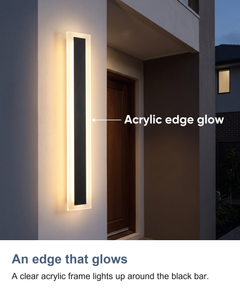 An edge that glows: A clear acrylic frame lights up around the black bar.