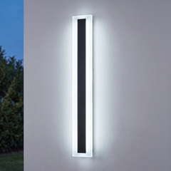 Linear black LED outdoor wall light with acrylic edge glowing cool white