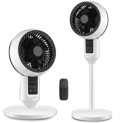 White height-adjustable oscillating pedestal fan in a living room