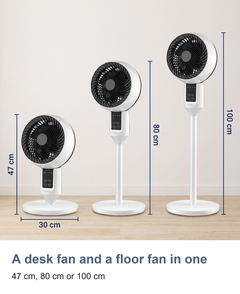 A desk fan and a floor fan in one. 47 cm, 80 cm or 100 cm