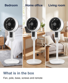 What is in the box. Fan, pole, base, screws and remote
