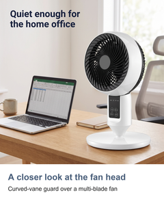 A closer look at the fan head. Curved-vane guard over a multi-blade fan