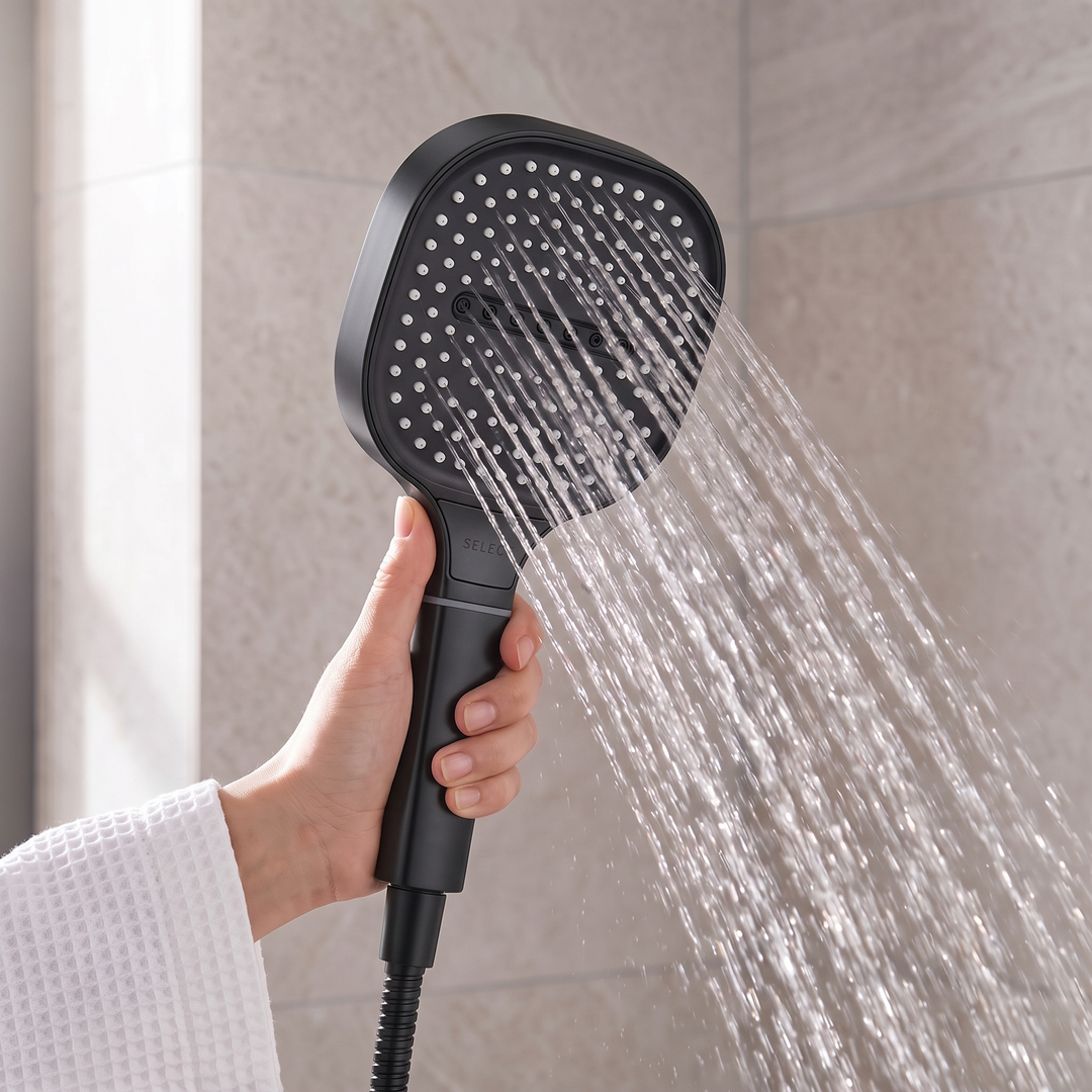 Black handheld high pressure shower head with a square face, spraying water