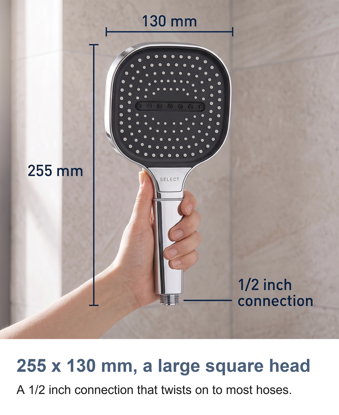 255 x 130 mm, a large square head
