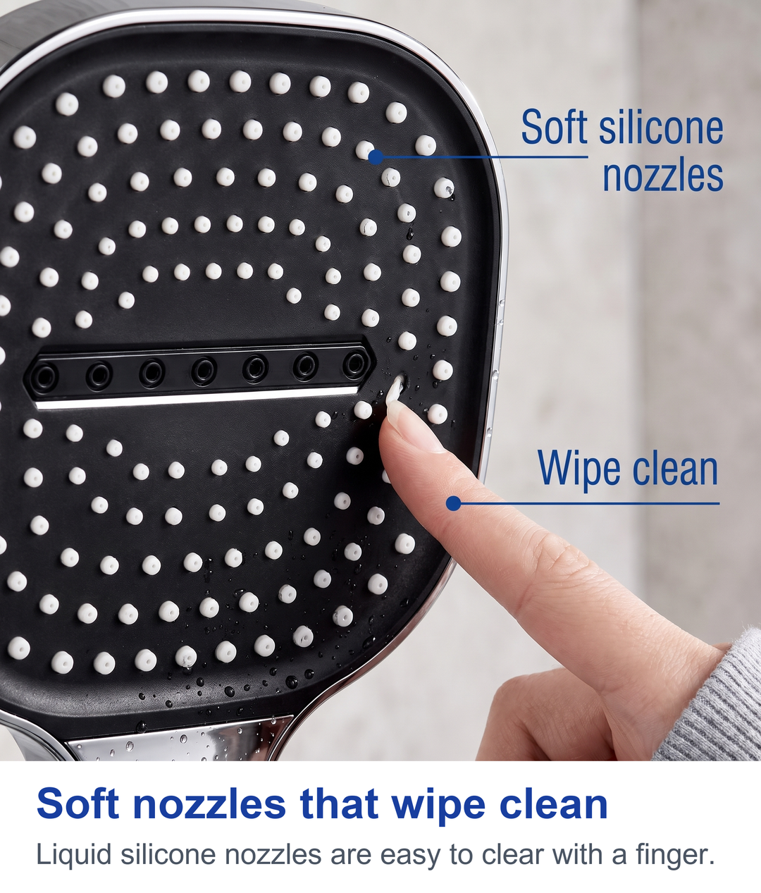 Soft nozzles that wipe clean