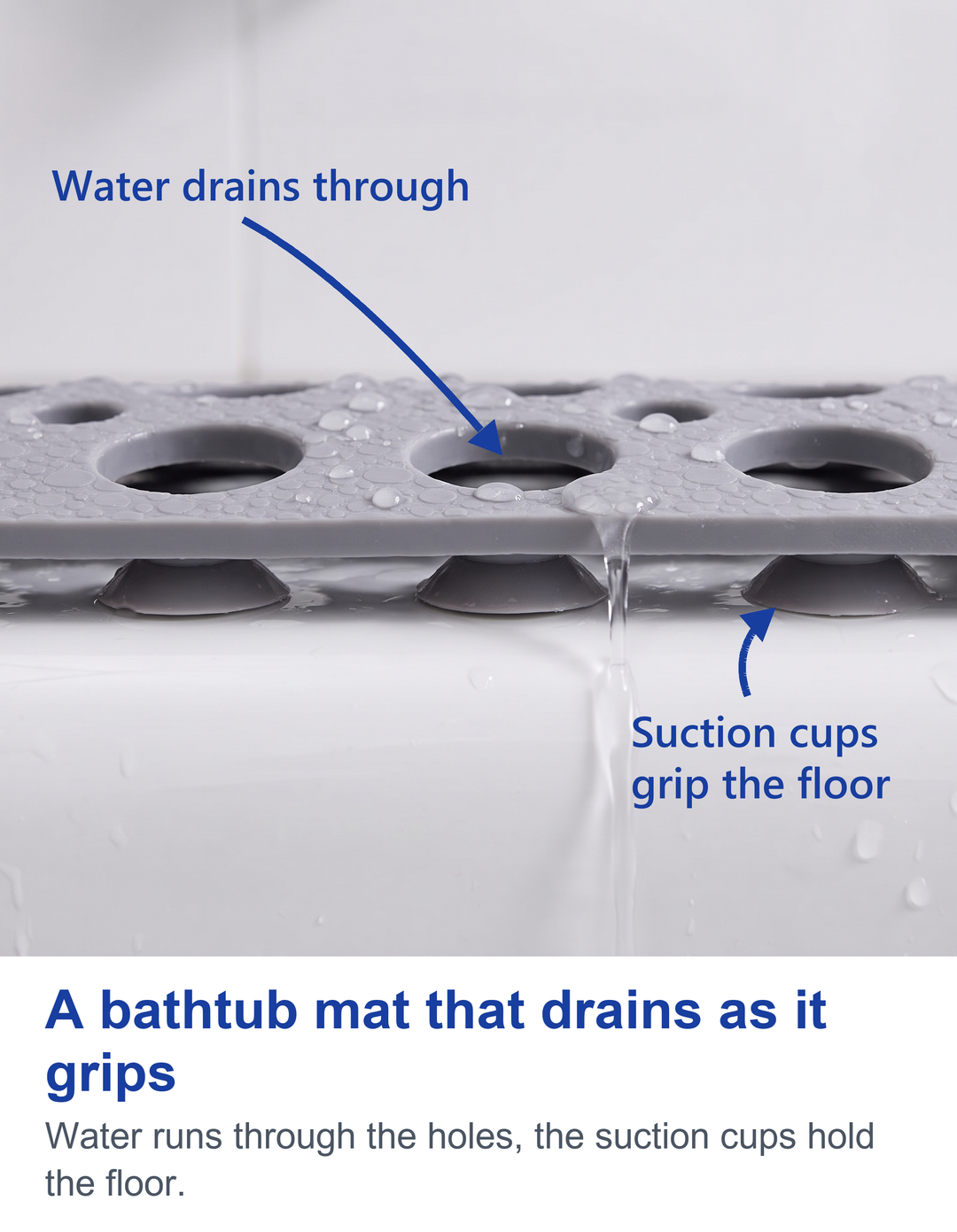 A bathtub mat that drains as it grips