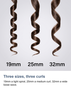 Three curl shapes from the three barrel sizes, a tight spiral from 19mm, a medium curl from 25mm and a wide loose wave from 32mm