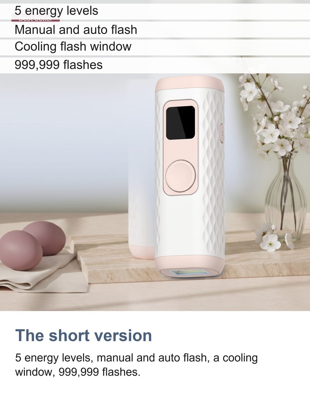 The IPL device with its five energy levels, flash modes, cooling window and flash count