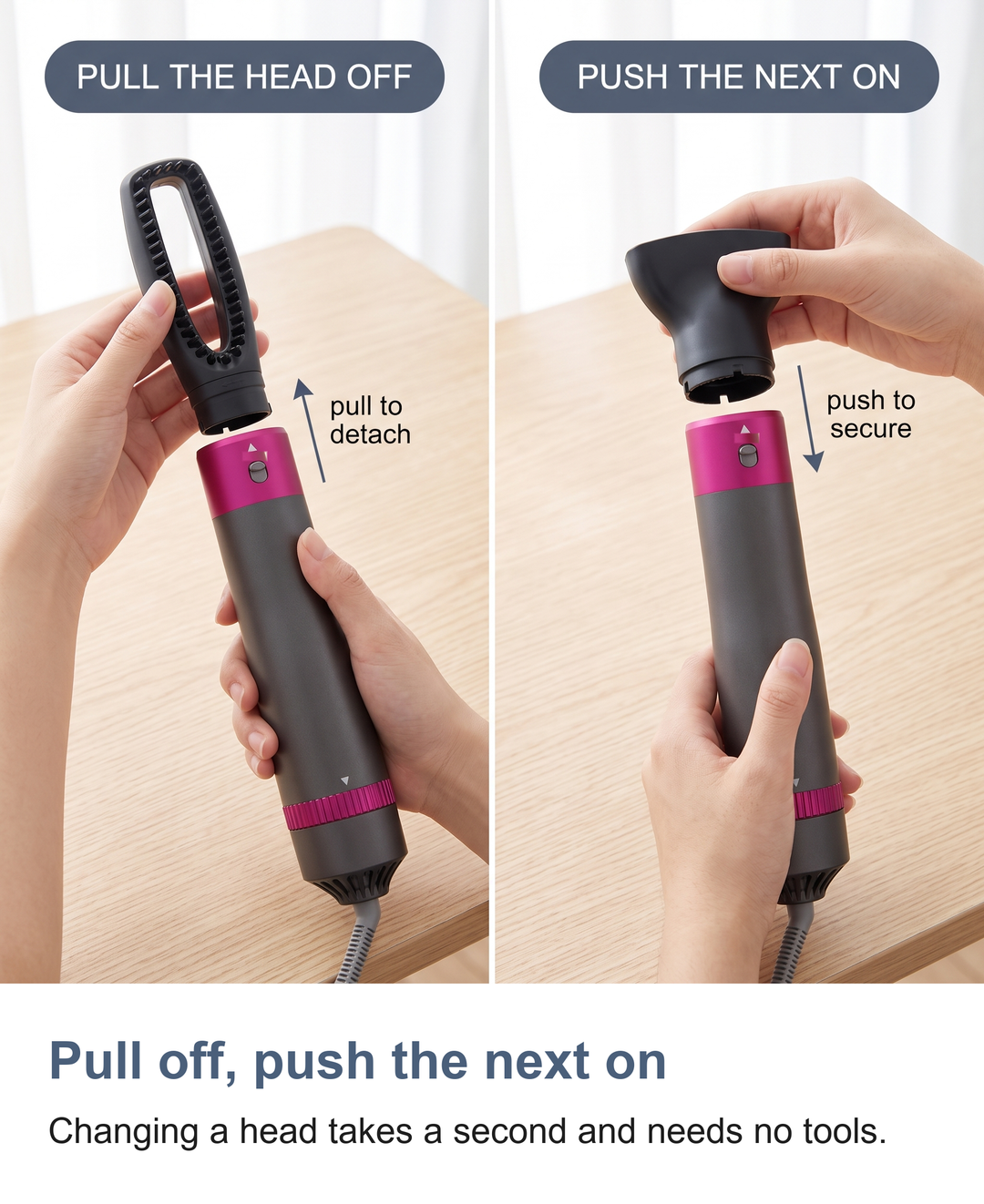 Two steps: pull the fitted head off the collar, then push the next head on