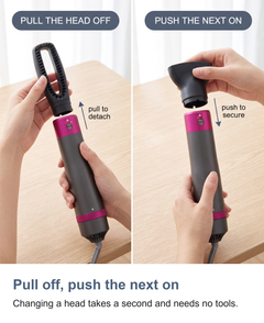 Two steps: pull the fitted head off the collar, then push the next head on
