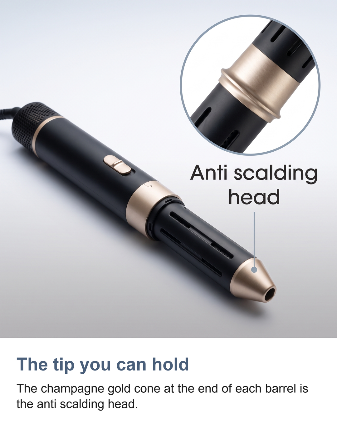 Close-up of the anti scalding head, the champagne gold cone at the tip of the curling barrel