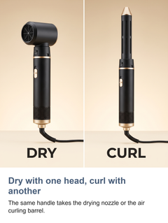 The same handle wearing the drying nozzle and wearing the air curling barrel, side by side