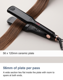A wide section of hair lying flat across the 56 x 120mm ceramic plate