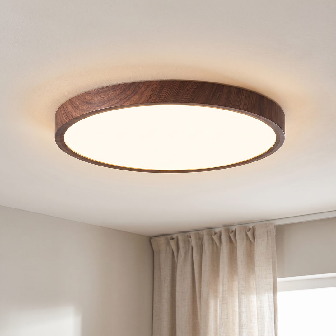 Walnut wood effect LED ceiling light, round and flush