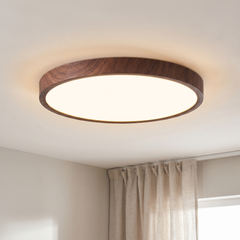 Walnut wood effect LED ceiling light, round and flush