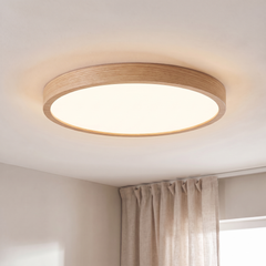 Light wood effect LED ceiling light, round and flush