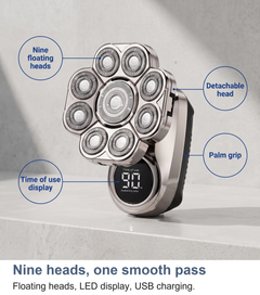 Nine-head rotary shaver standing upright showing the floating head cluster and LED display