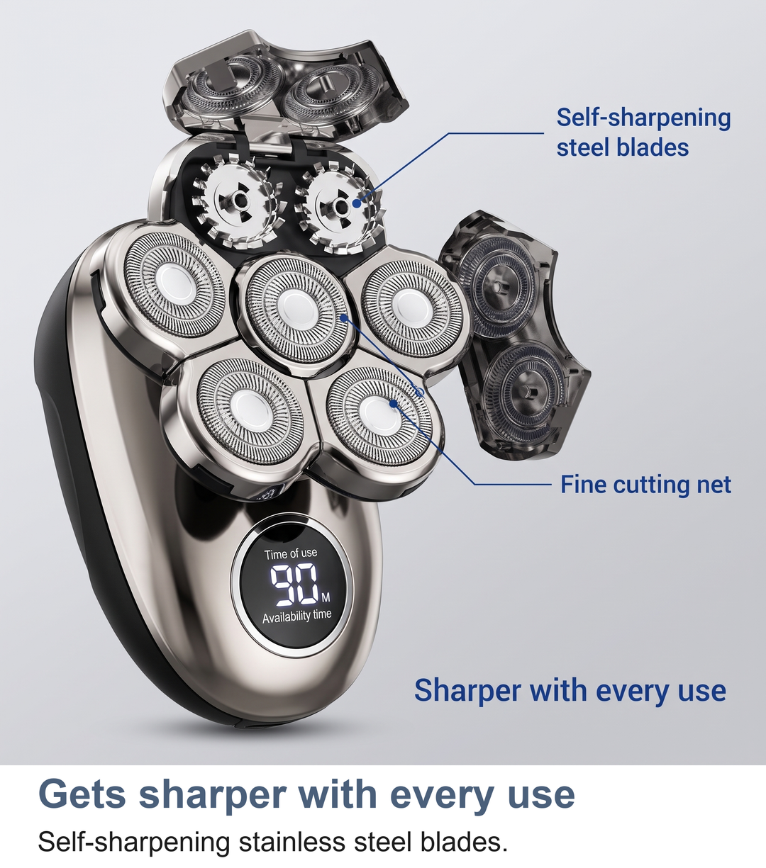 Close up of the rotary shaver head cluster opened to show the self-sharpening stainless steel blades
