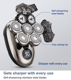Close up of the rotary shaver head cluster opened to show the self-sharpening stainless steel blades