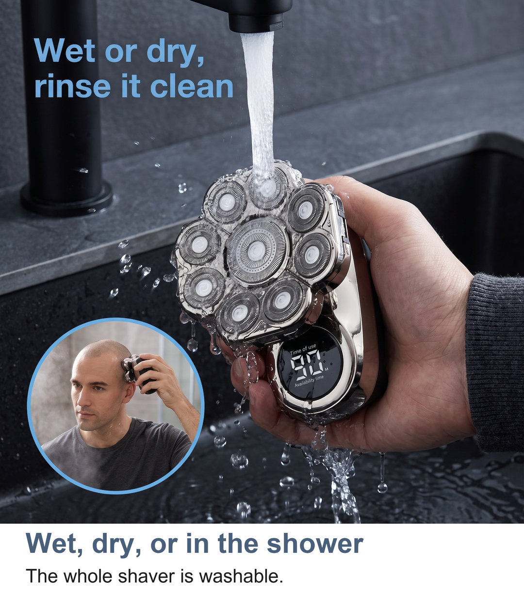 Nine-head rotary shaver held under running water at a basin, showing it is washable