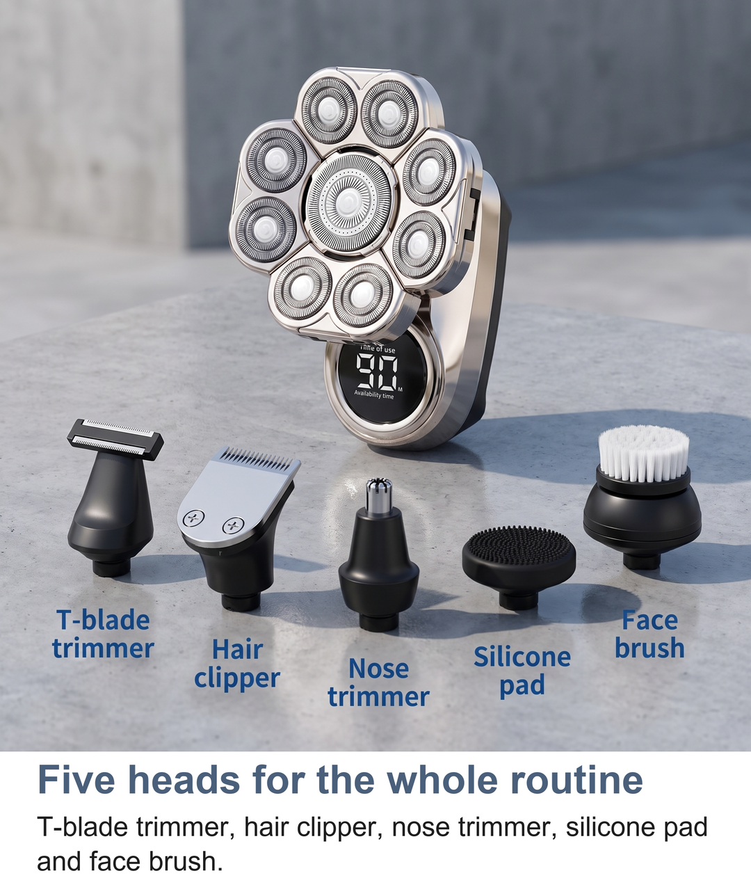 The full grooming kit: the 9-head shaver with the T-blade trimmer, hair clipper, nose trimmer, silicone pad and face brush attachments