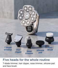 The full grooming kit: the 9-head shaver with the T-blade trimmer, hair clipper, nose trimmer, silicone pad and face brush attachments