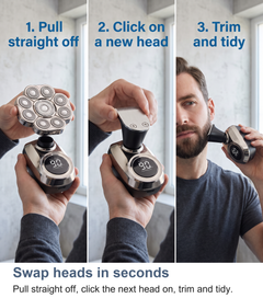 Three steps to swap heads on the rotary shaver: pull the head off, click a new head on, trim and tidy