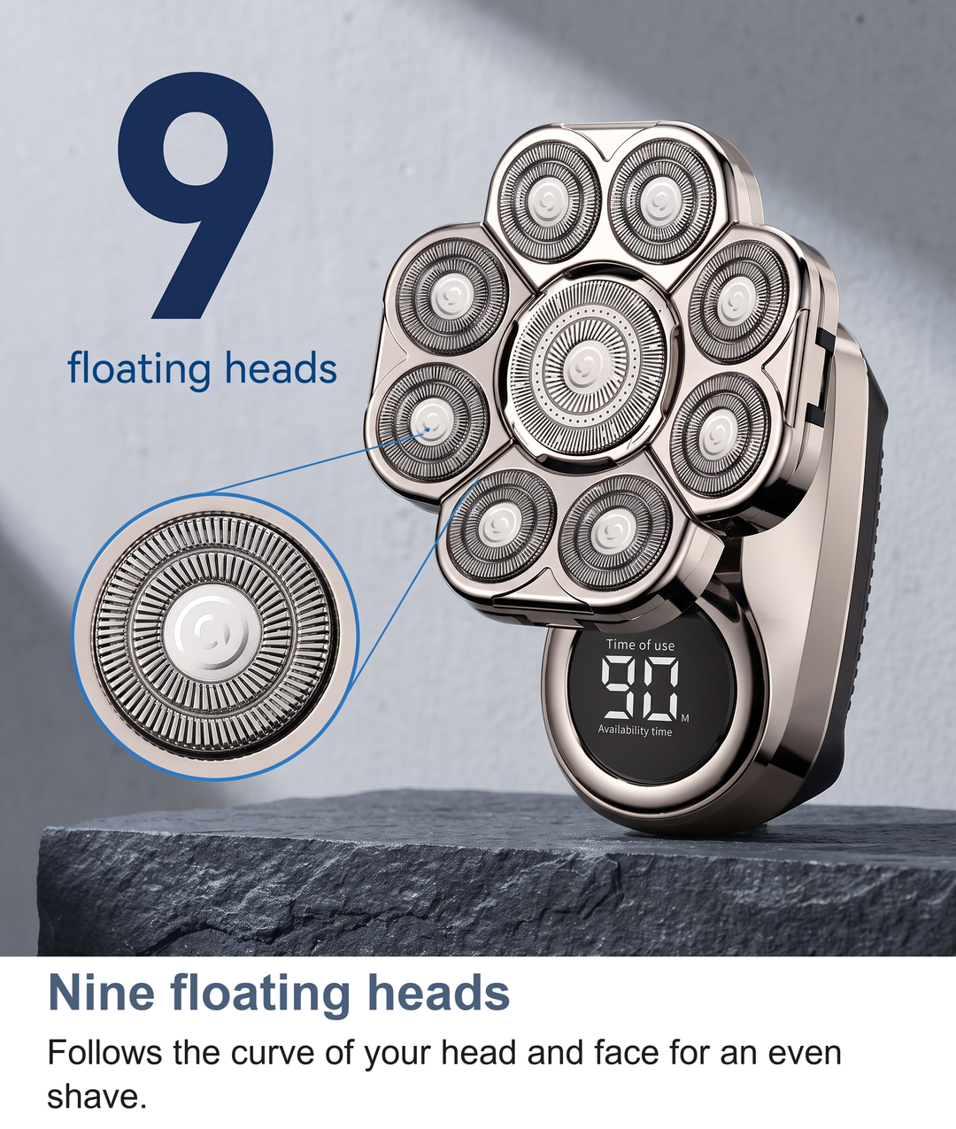 Rotary shaver on a ledge showing its nine floating heads
