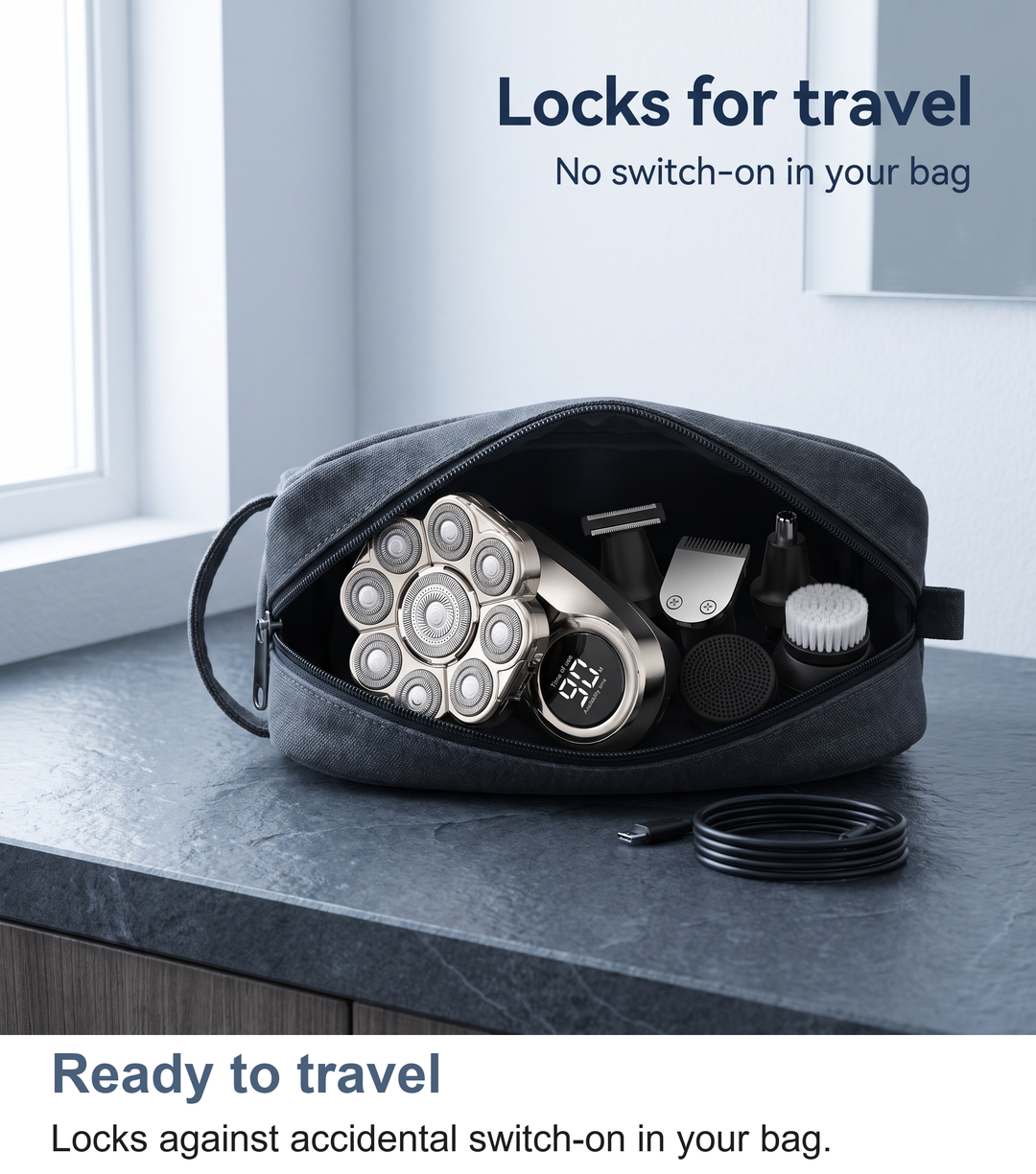 Rotary shaver and its five attachment heads packed in an open toiletry bag, locked for travel