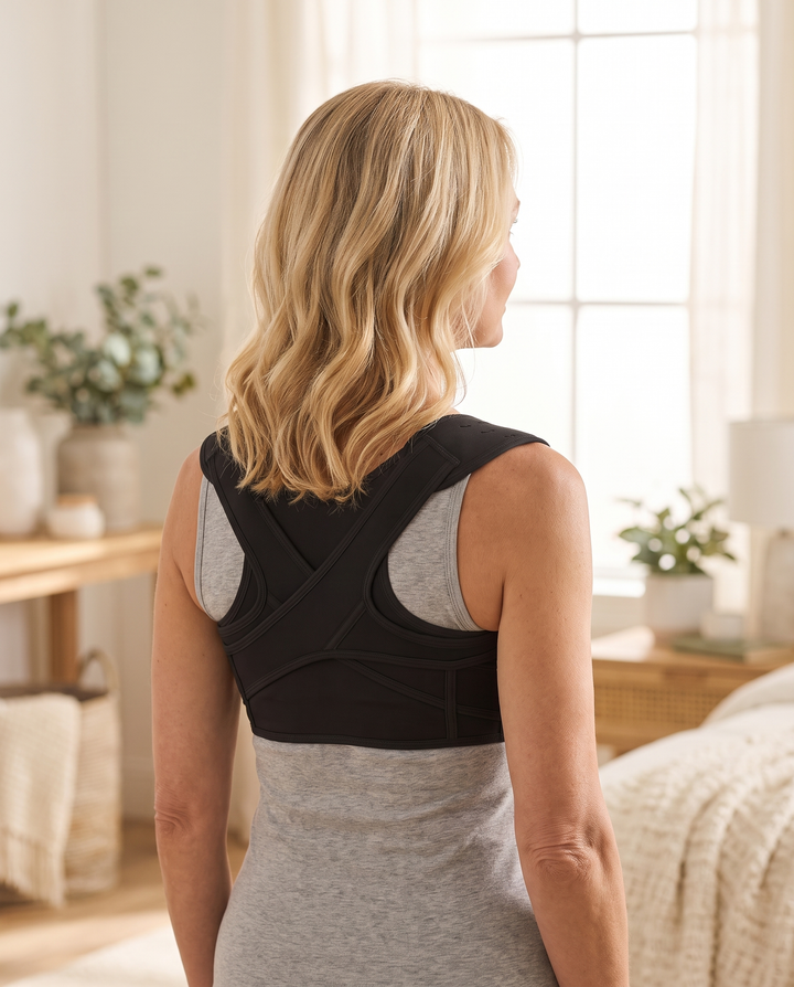 Woman wearing the Nirole posture support brace at home