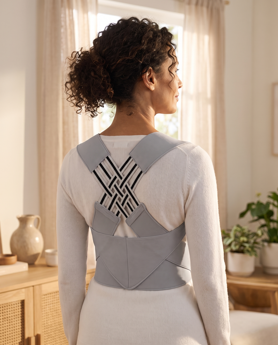 Woman wearing the full-back posture brace at home