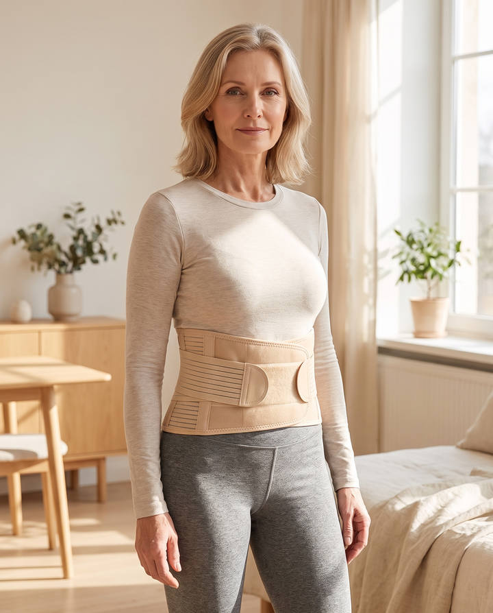 Woman wearing the lower-back support belt at home