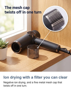 The ionic hair dryer with its negative ion drying, magnetic attachments and removable mesh filter
