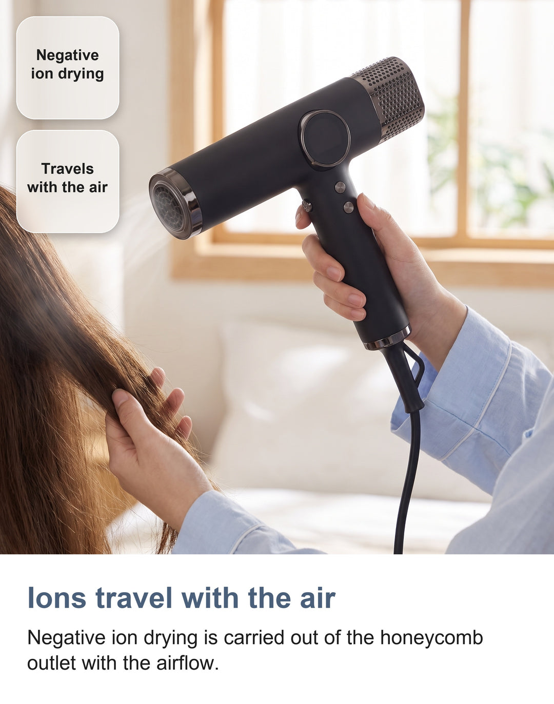 Negative ion airflow streaming from the honeycomb outlet of the hair dryer