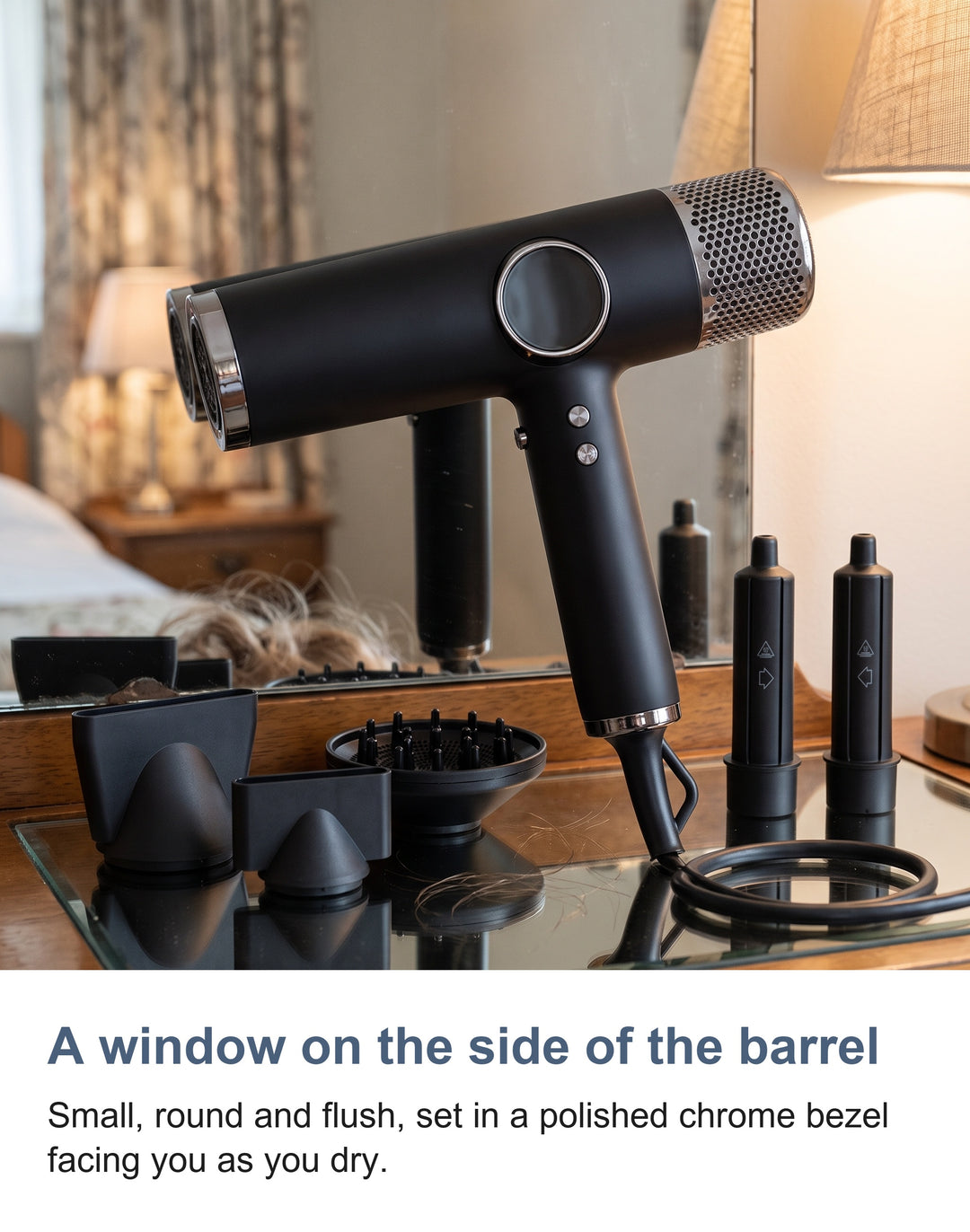 Close-up of the circular display window on the side of the hair dryer barrel
