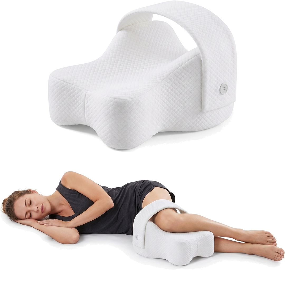 Knee pillow with adjustable strap in white shown and in use