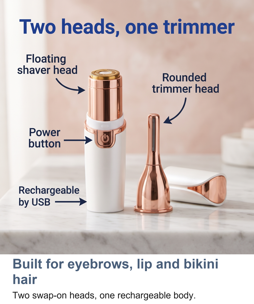 Labelled view of the lady trimmer showing the rounded trimmer head, floating shaver head and power button