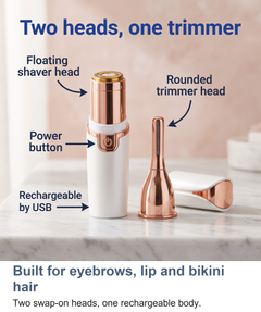 Labelled view of the lady trimmer showing the rounded trimmer head, floating shaver head and power button