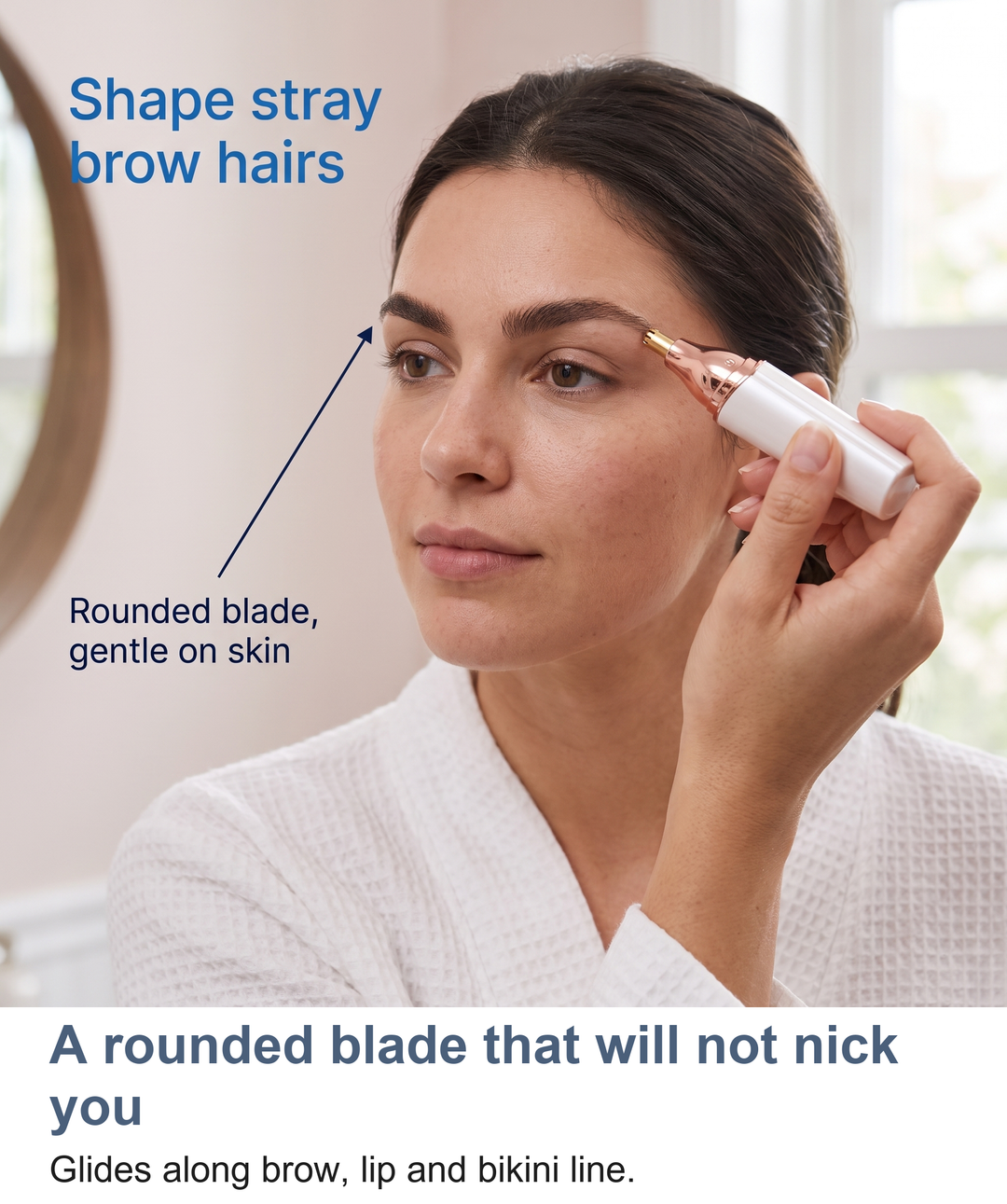 Lady trimmer's rounded blade shown gliding along an eyebrow, lip and bikini line
