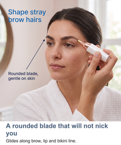 Lady trimmer's rounded blade shown gliding along an eyebrow, lip and bikini line