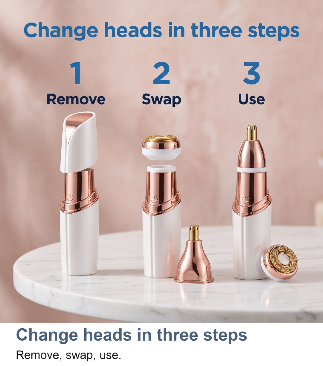 Three steps to change heads on the lady trimmer: remove, swap, use
