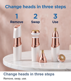 Three steps to change heads on the lady trimmer: remove, swap, use