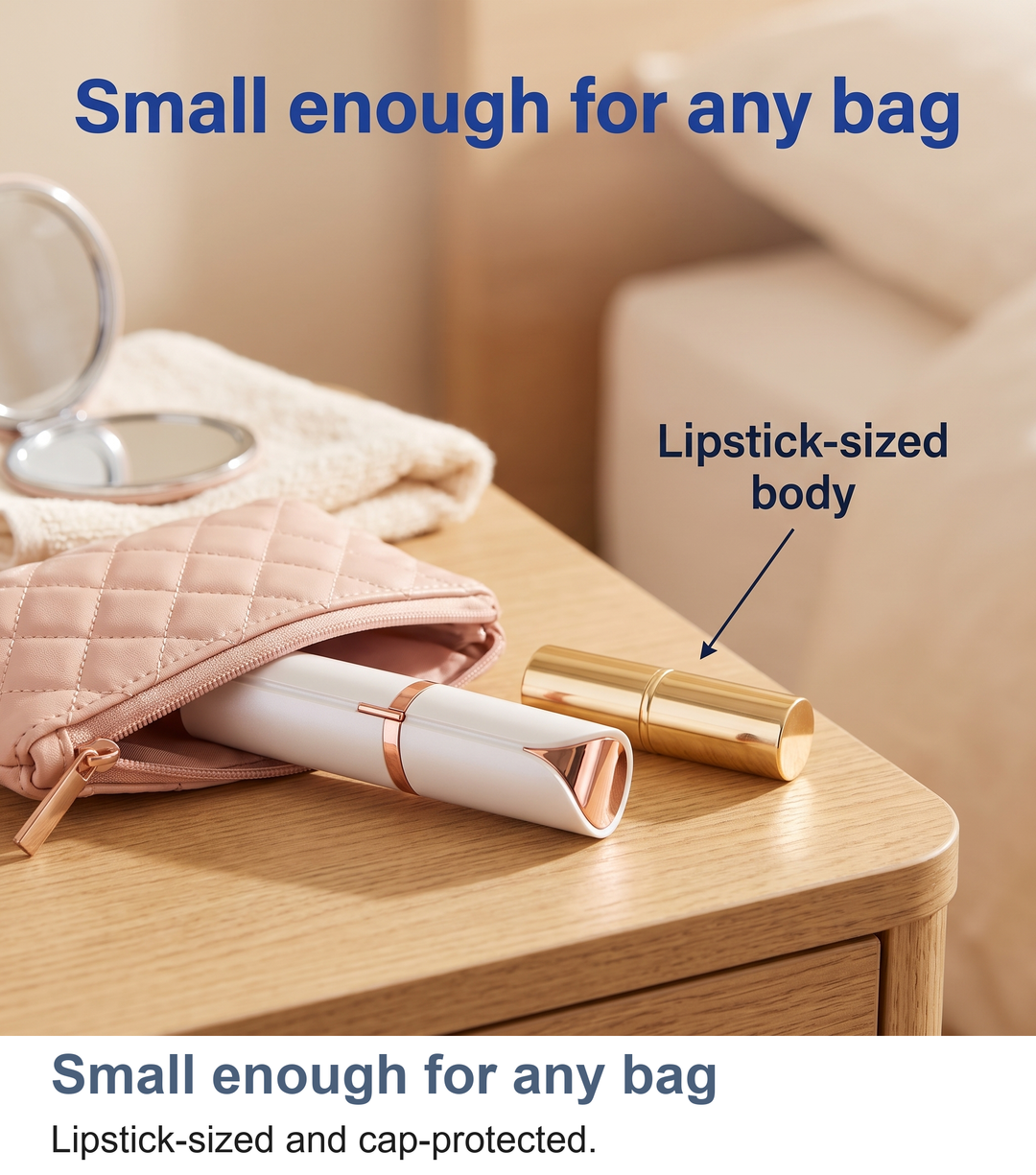 Lady trimmer shown lipstick-sized in a hand or bag
