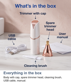 Everything in the box: lady trimmer with cap, spare trimmer head, cleaning brush, USB cable, manual